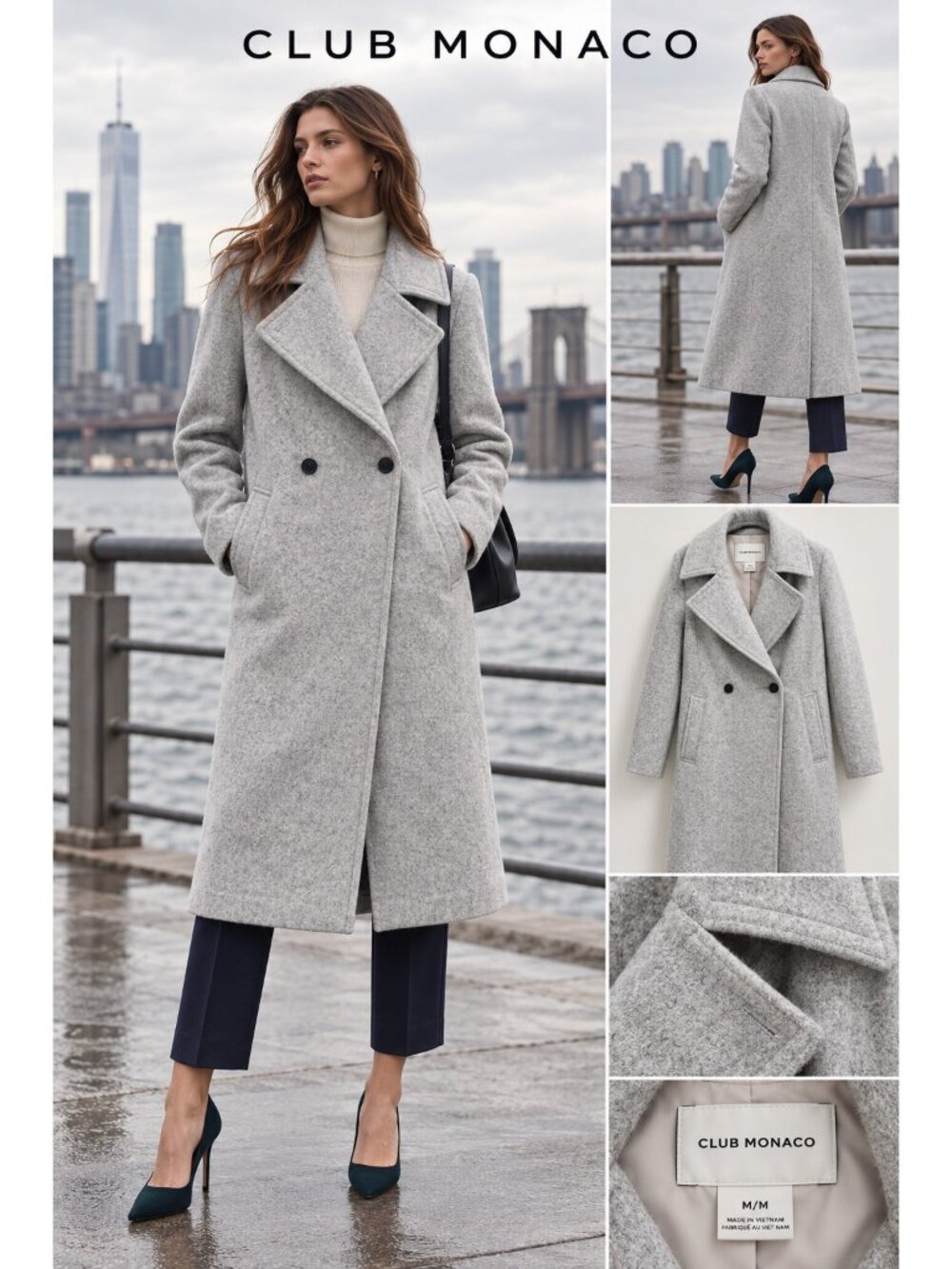 Club Monaco Gray Wool Blend Long Double Breasted Coat Size M